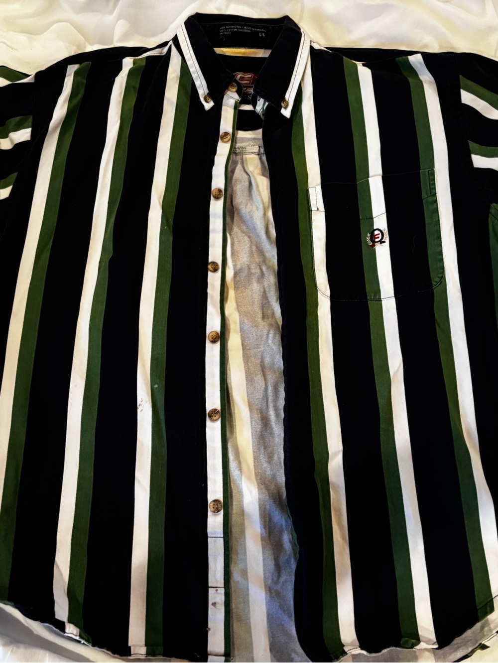 VTG 90s Coliseum Striped Button-Up Polo Shirt — Navy, White & Dark Green L